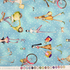 Whimsical retro fashion ladies shopping cycling scooters polka dots sky blue novelty fabric for women's quilts tote bags pouches handmade gifts