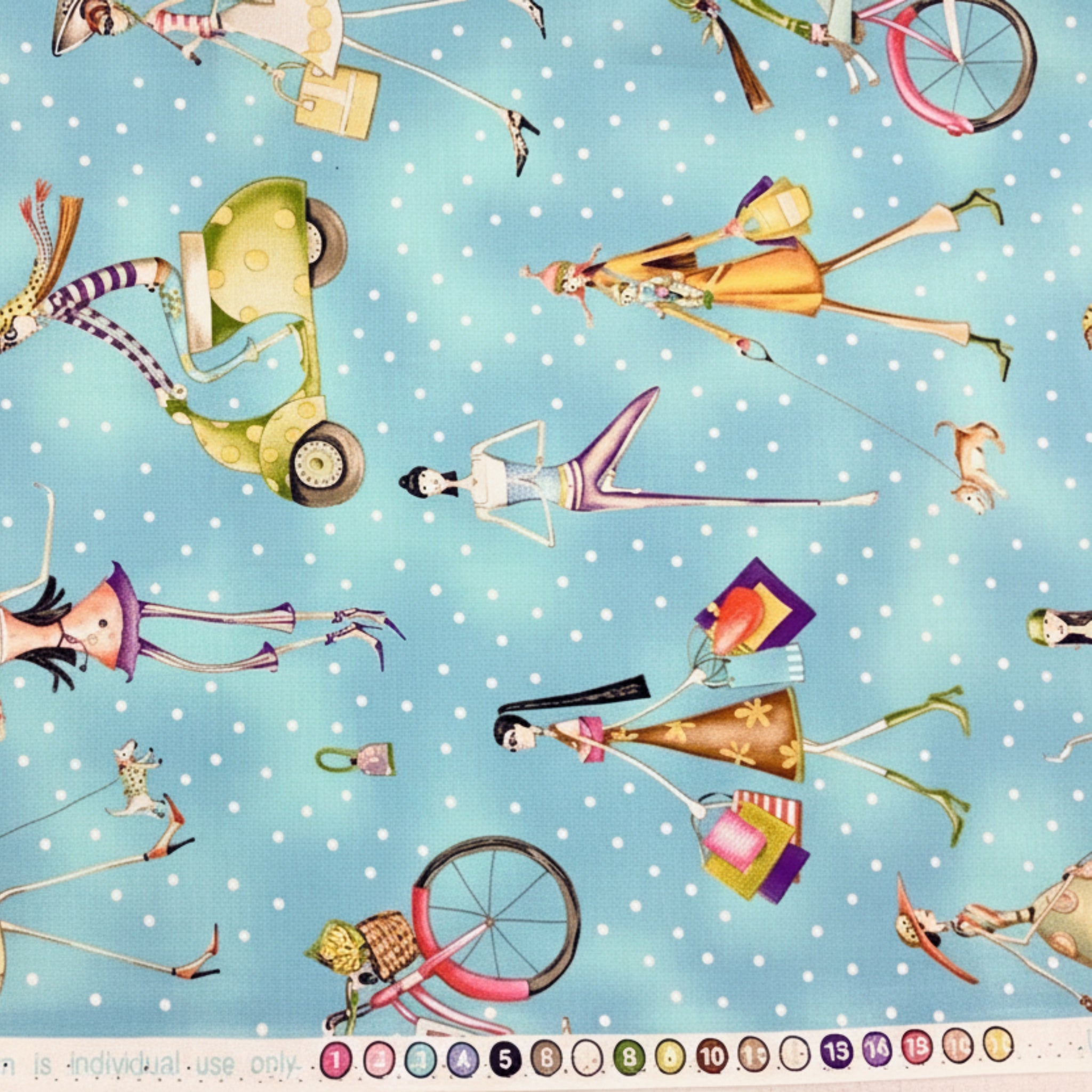 Whimsical retro fashion ladies shopping cycling scooters polka dots sky blue novelty fabric for women's quilts tote bags pouches handmade gifts