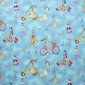 Whimsical retro fashion ladies shopping cycling scooters polka dots sky blue novelty fabric for women's quilts tote bags pouches handmade gifts
