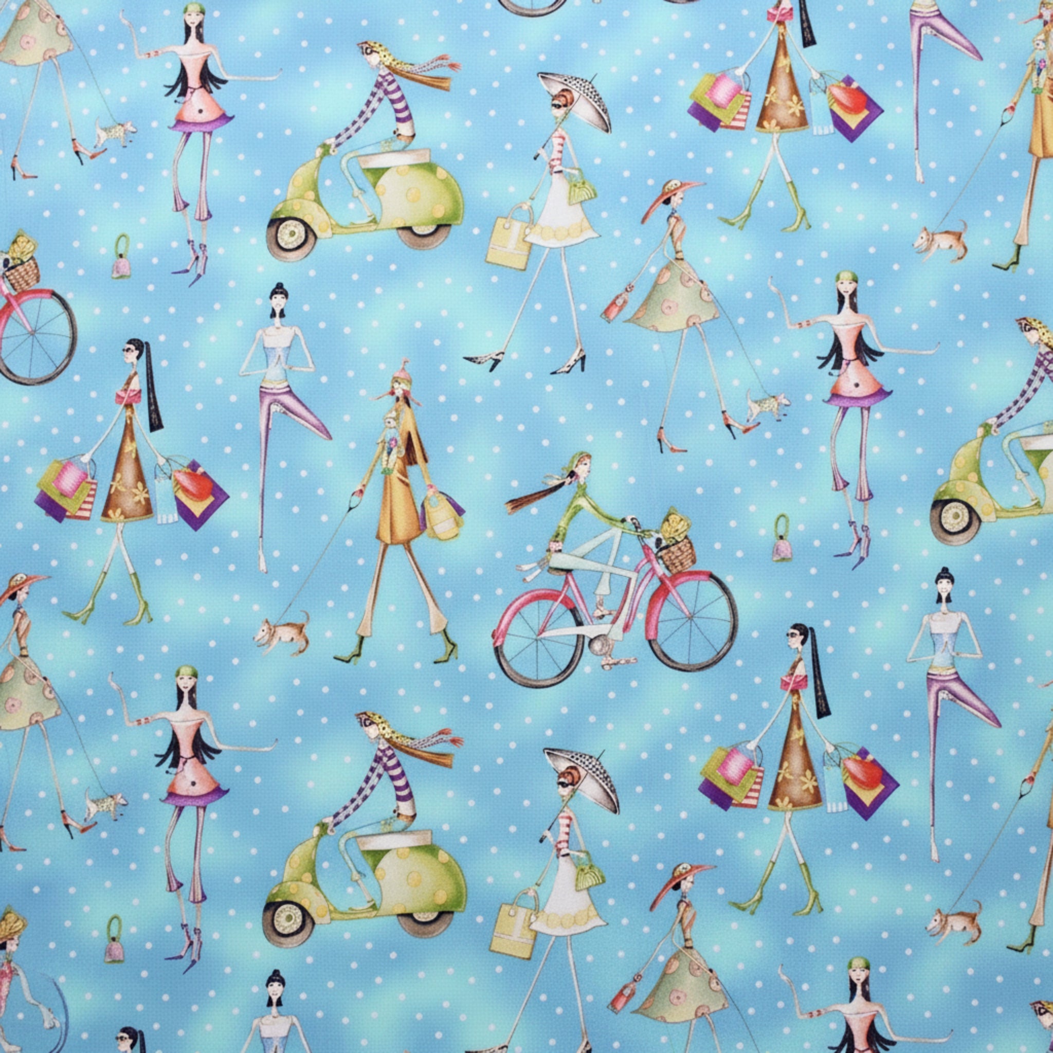 Whimsical retro fashion ladies shopping cycling scooters polka dots sky blue novelty fabric for women's quilts tote bags pouches handmade gifts