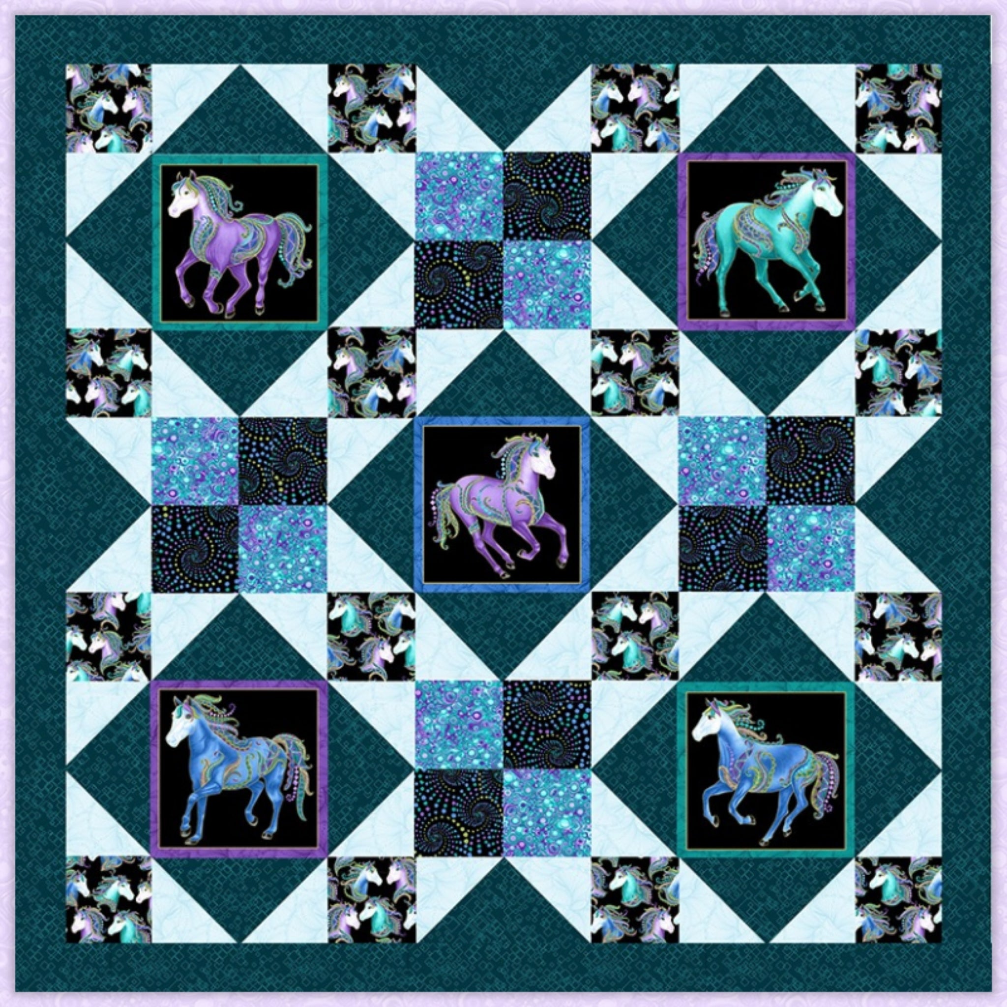 Afternoon Delight quilt pattern framed horses and black/teal Flying Geese Wall Lap Queen King sizes