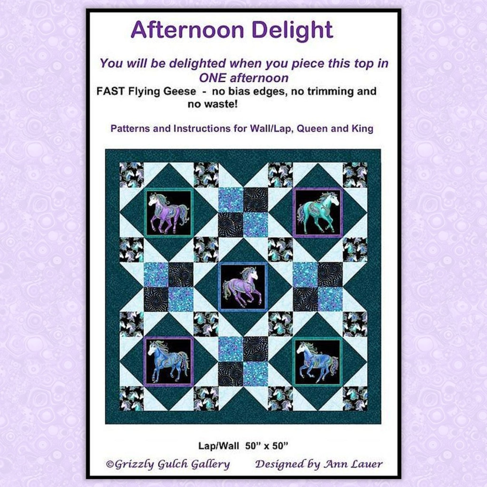 Afternoon Delight quilt pattern framed horses and black/teal Flying Geese Wall Lap Queen King sizes
