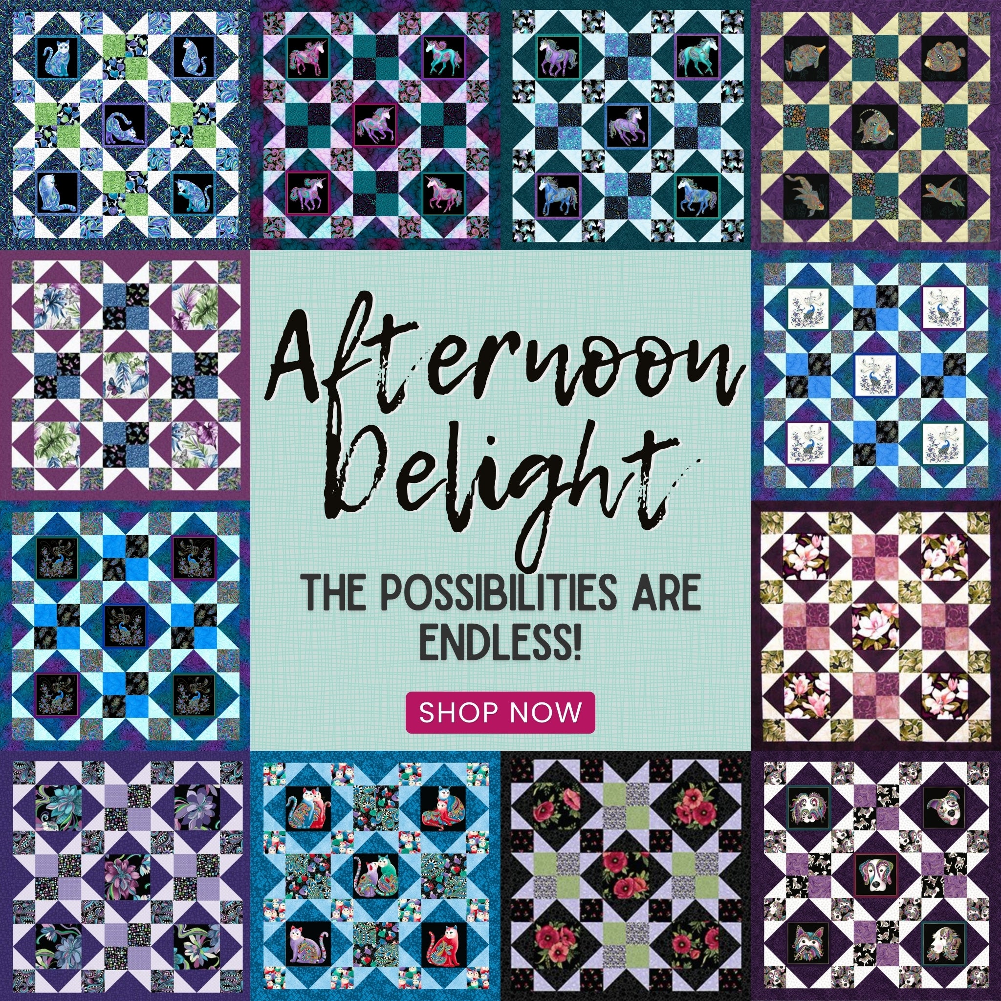 Quilt pattern Afternoon Delight samples. Endless possibilities of quilt blocks in different fabrics