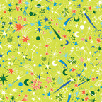 Lime green fabric with scattered stars, comets, and moons that glow in the dark