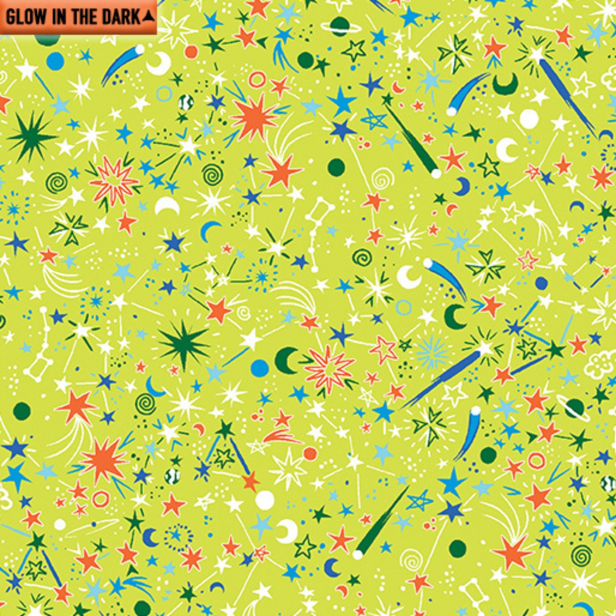 Lime green fabric with scattered stars, comets, and moons that glow in the dark