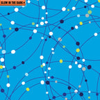 Cobalt blue fabric with white, blue, and yellow dots and orbital lines that glow in the dark