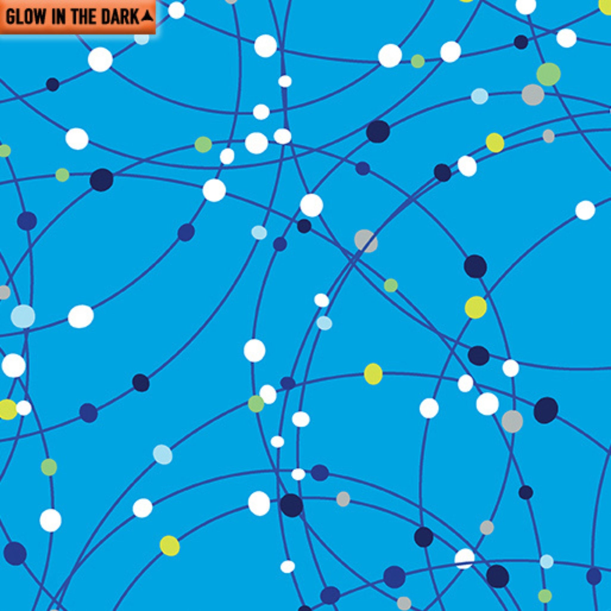 Cobalt blue fabric with white, blue, and yellow dots and orbital lines that glow in the dark