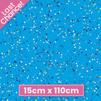 Cobalt blue fabric with white, blue, and yellow dots and orbital lines that glow in the dark