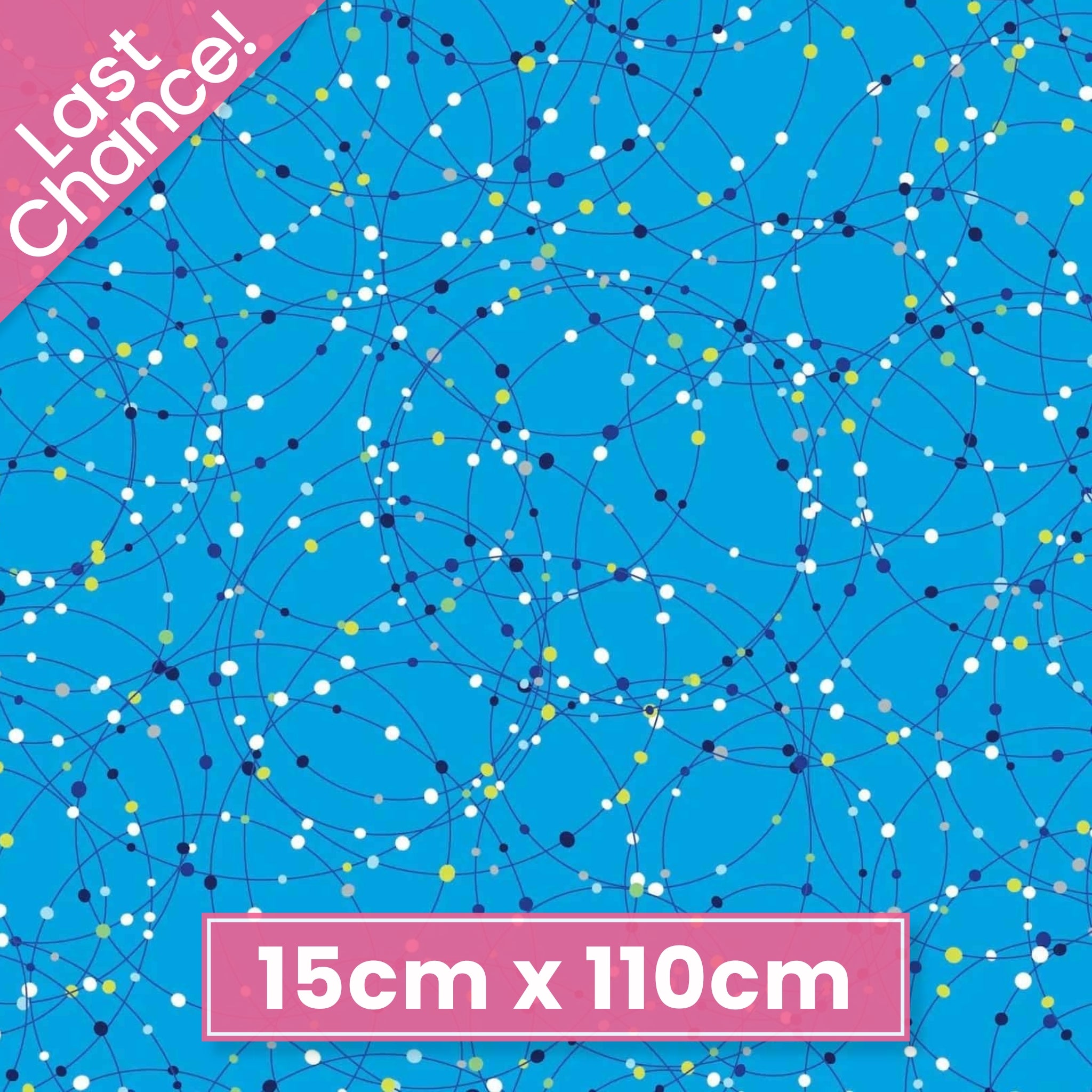 Cobalt blue fabric with white, blue, and yellow dots and orbital lines that glow in the dark