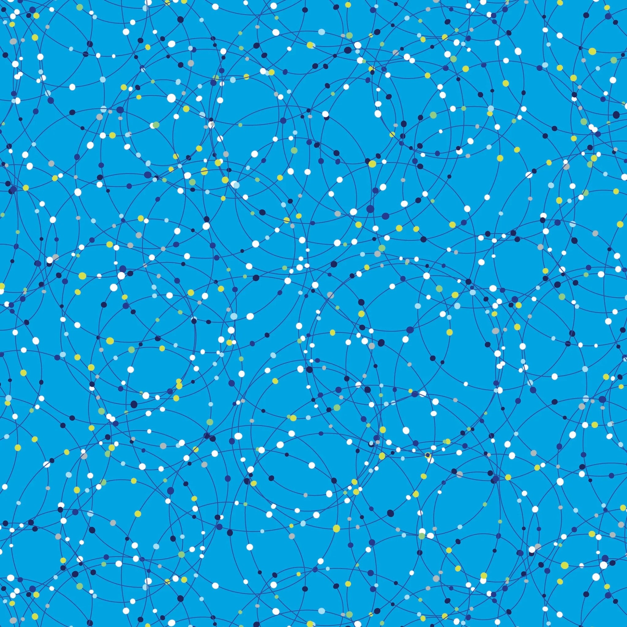 Cobalt blue fabric with white, blue, and yellow dots and orbital lines that glow in the dark