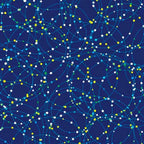 Navy blue fabric with white, blue, and lime green dots and orbital lines that glow in the dark