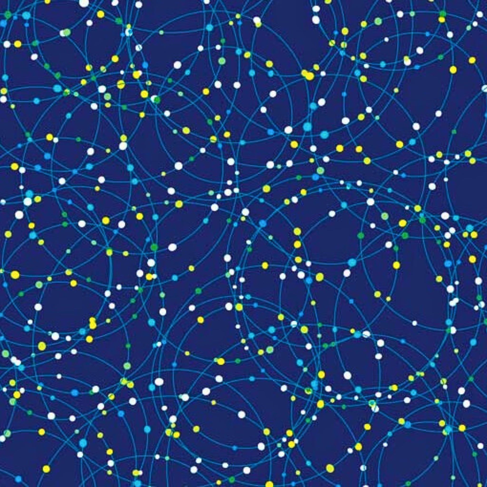 Navy blue fabric with white, blue, and lime green dots and orbital lines that glow in the dark