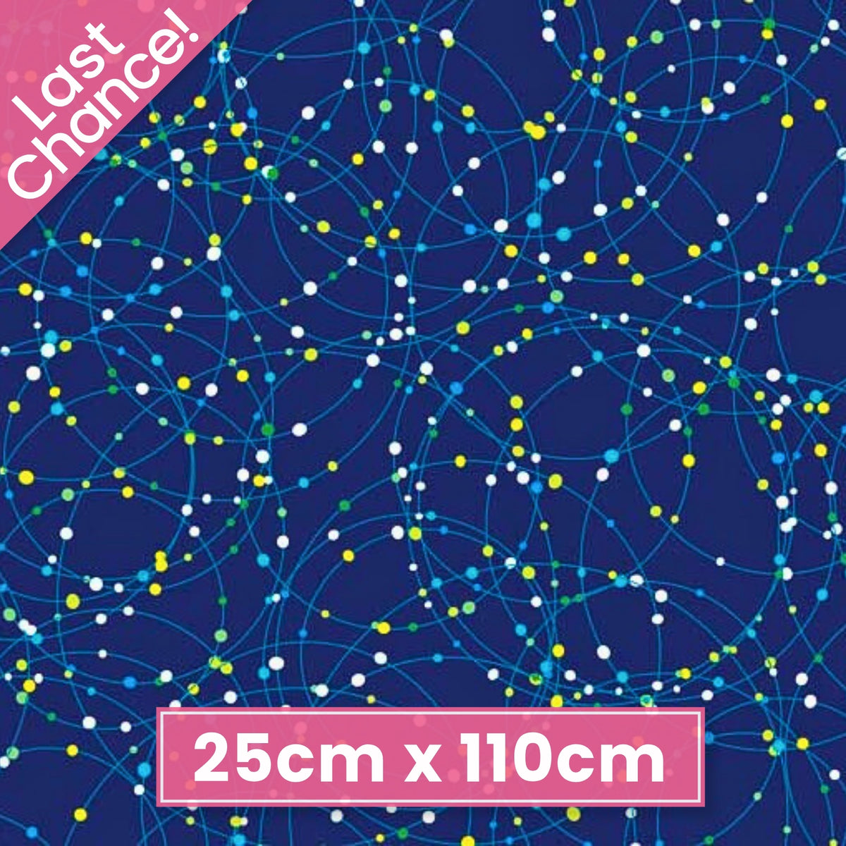 Navy blue fabric with white, blue, and lime green dots and orbital lines that glow in the dark
