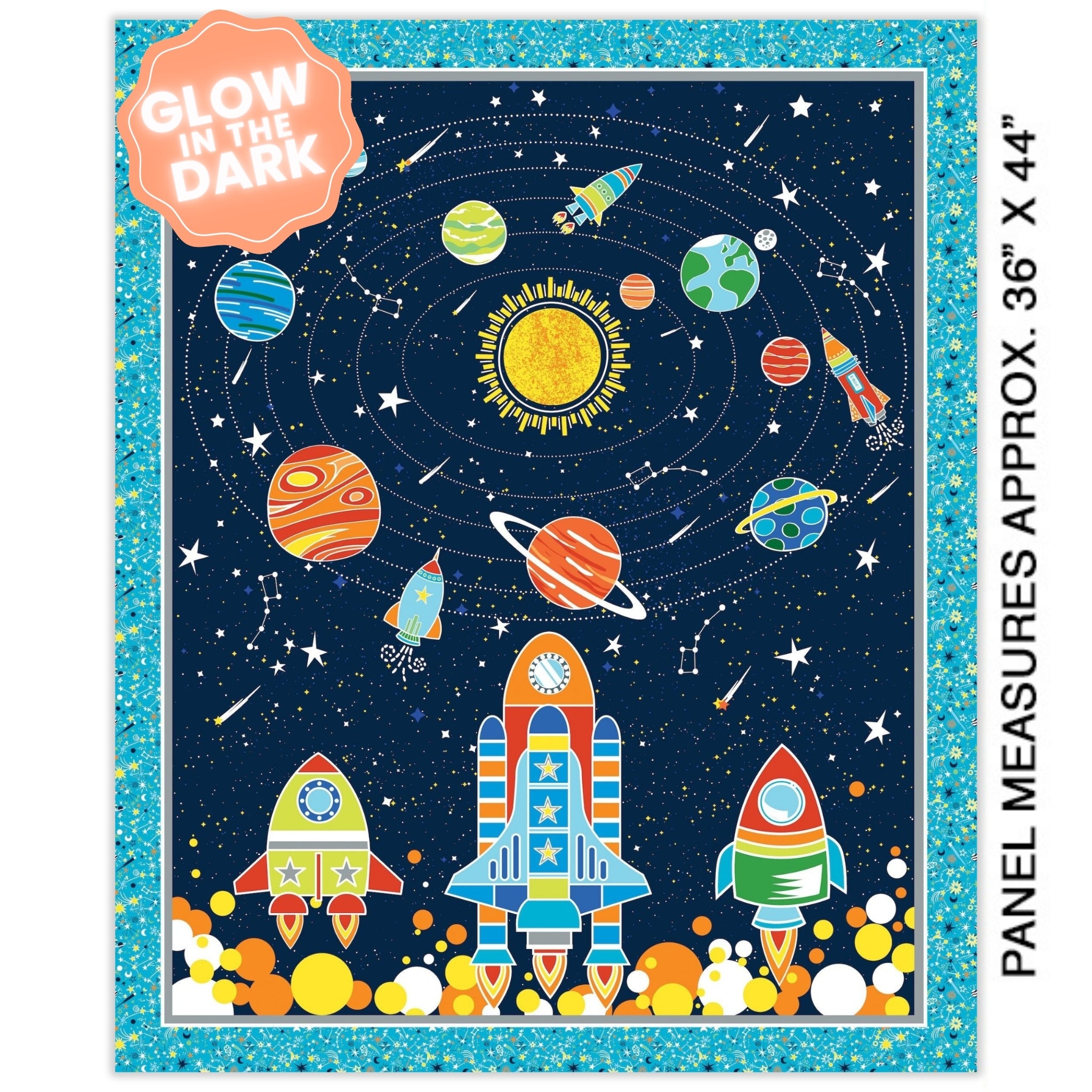 Space-themed fabric panel with planets, rockets, and stars on a blue border.