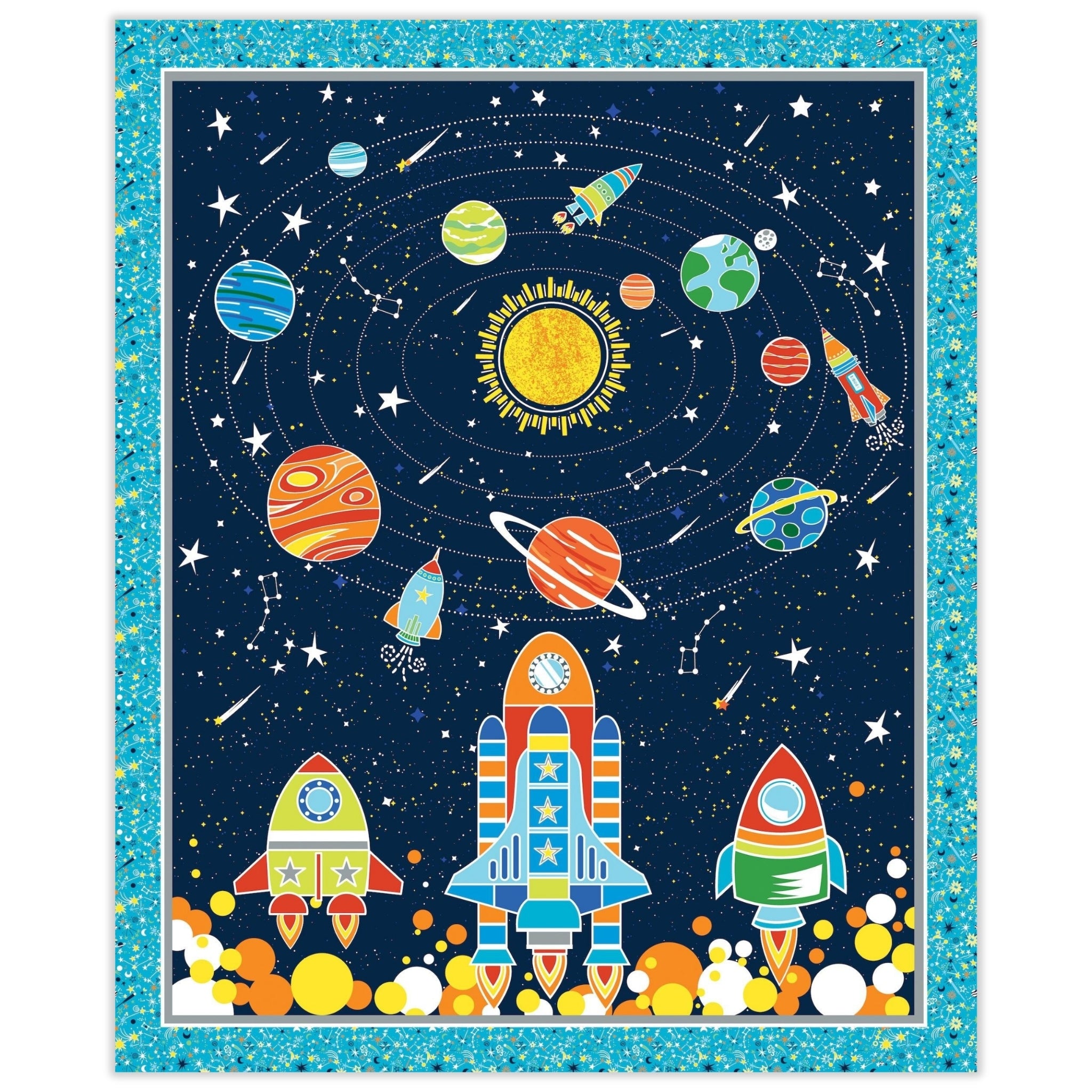 Quilt panel with a solar system, planets and rockets on navy blue background that glows in the dark