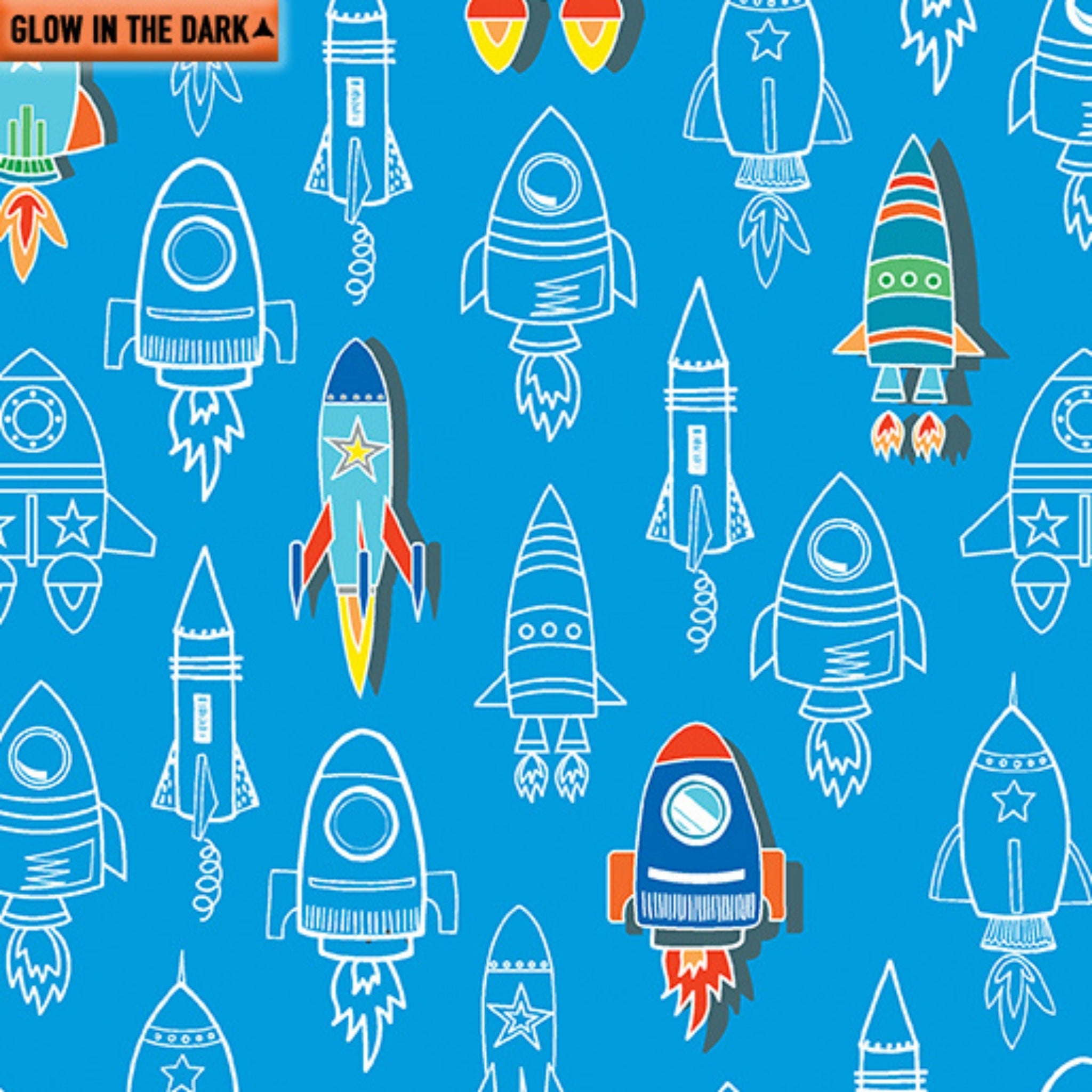 Royal blue fabric with a repeating pattern of colourful and outlined rockets that glow in the dark
