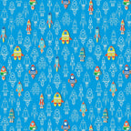 Royal blue fabric with a repeating pattern of colourful and outlined rockets that glow in the dark