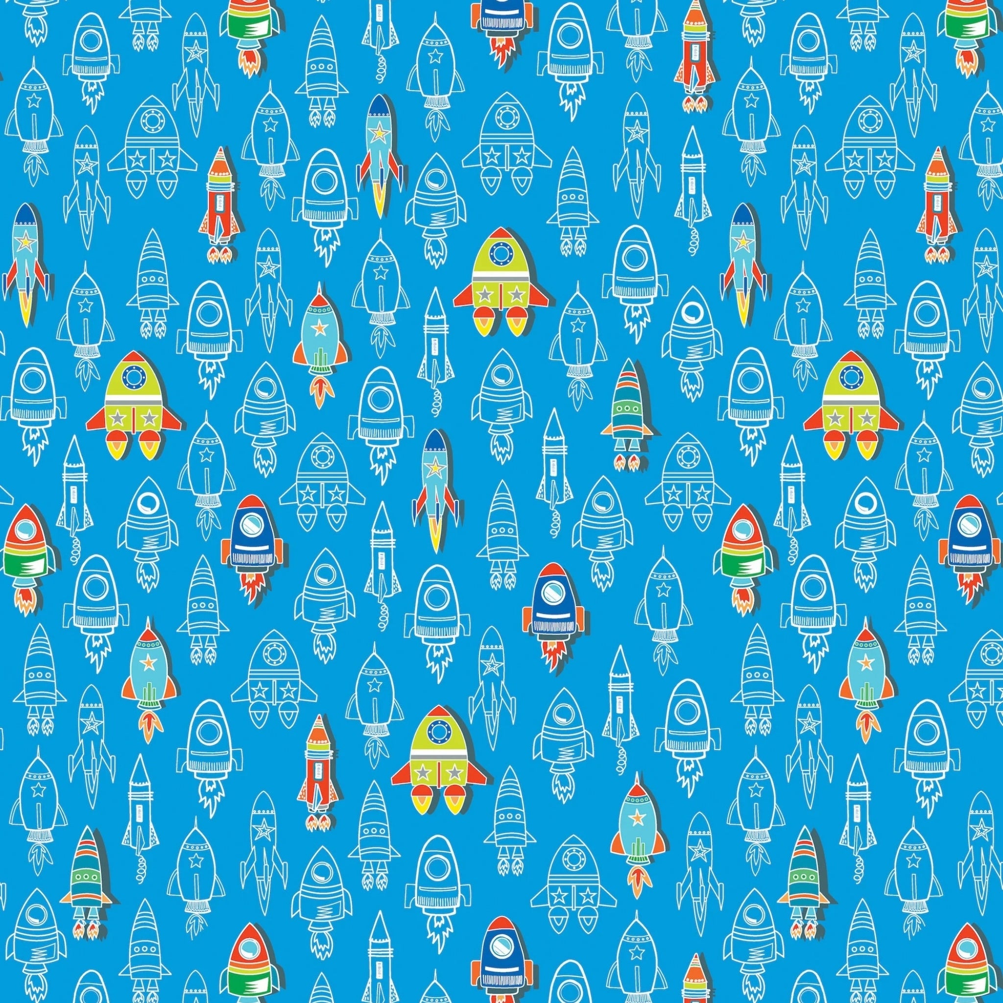 Royal blue fabric with a repeating pattern of colourful and outlined rockets that glow in the dark
