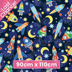 Navy blue fabric with colourful rockets, yellow moons, and stars that glow in the dark