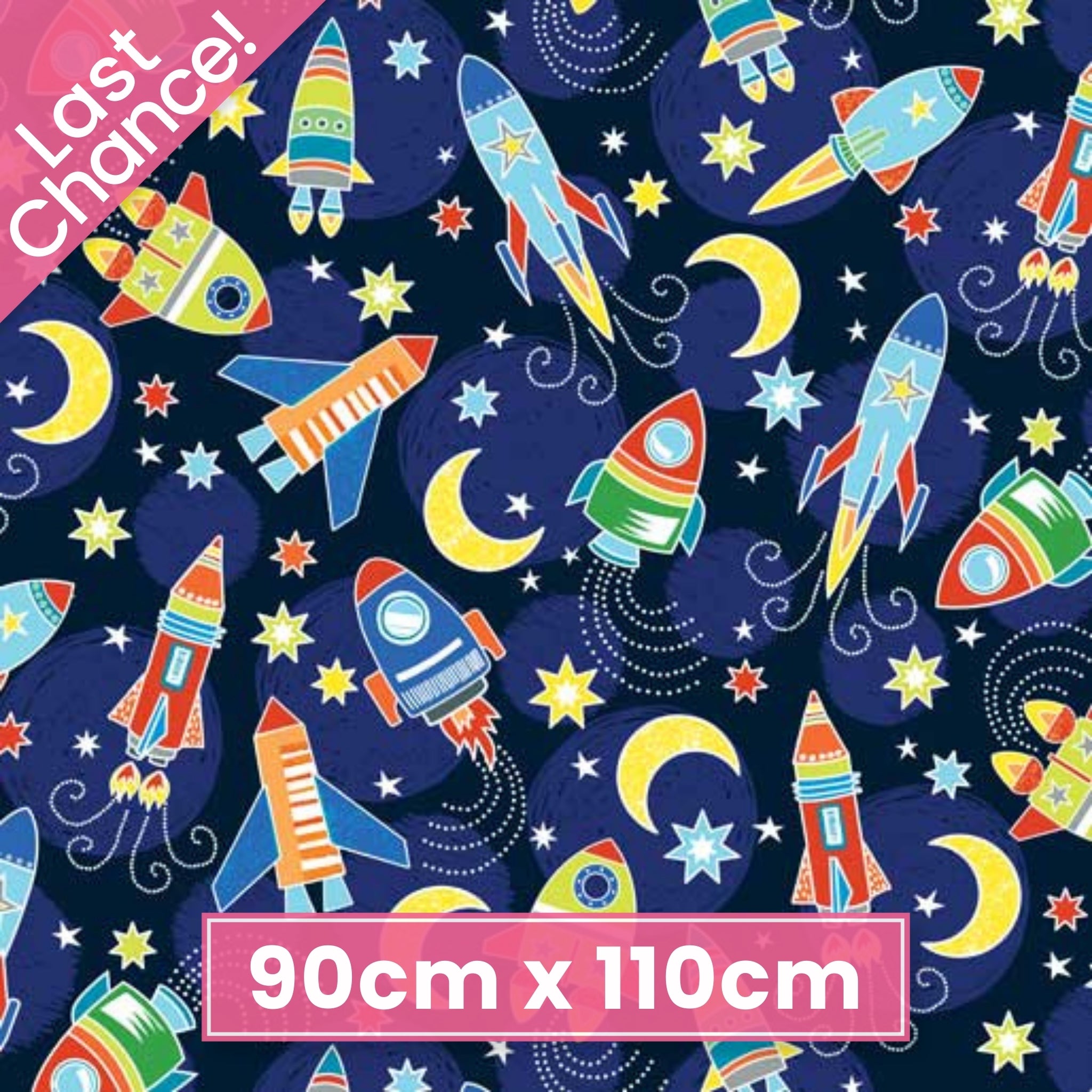 Navy blue fabric with colourful rockets, yellow moons, and stars that glow in the dark
