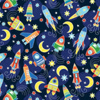 Pattern of colorful rockets and celestial elements on dark blue fabric