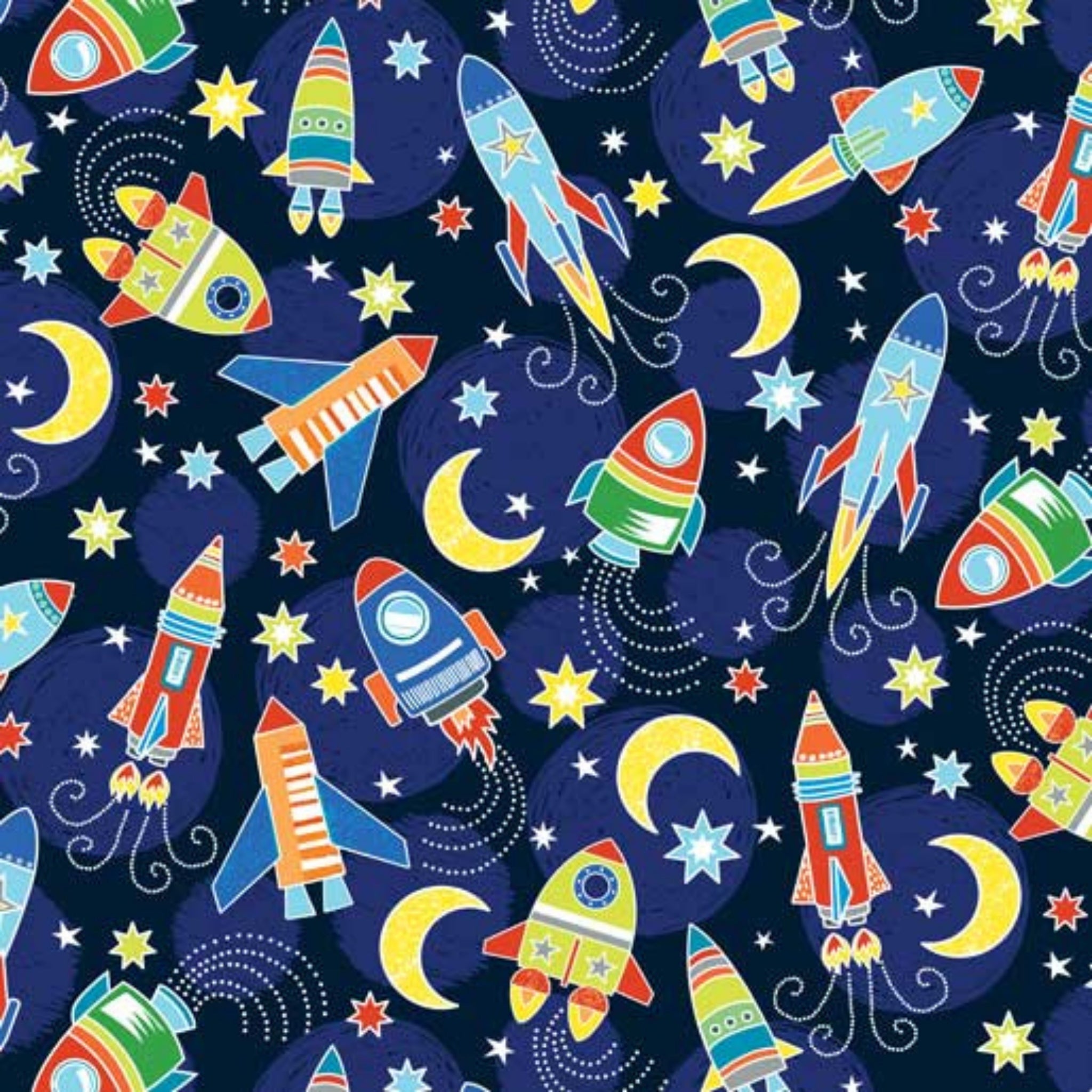 Pattern of colorful rockets and celestial elements on dark blue fabric