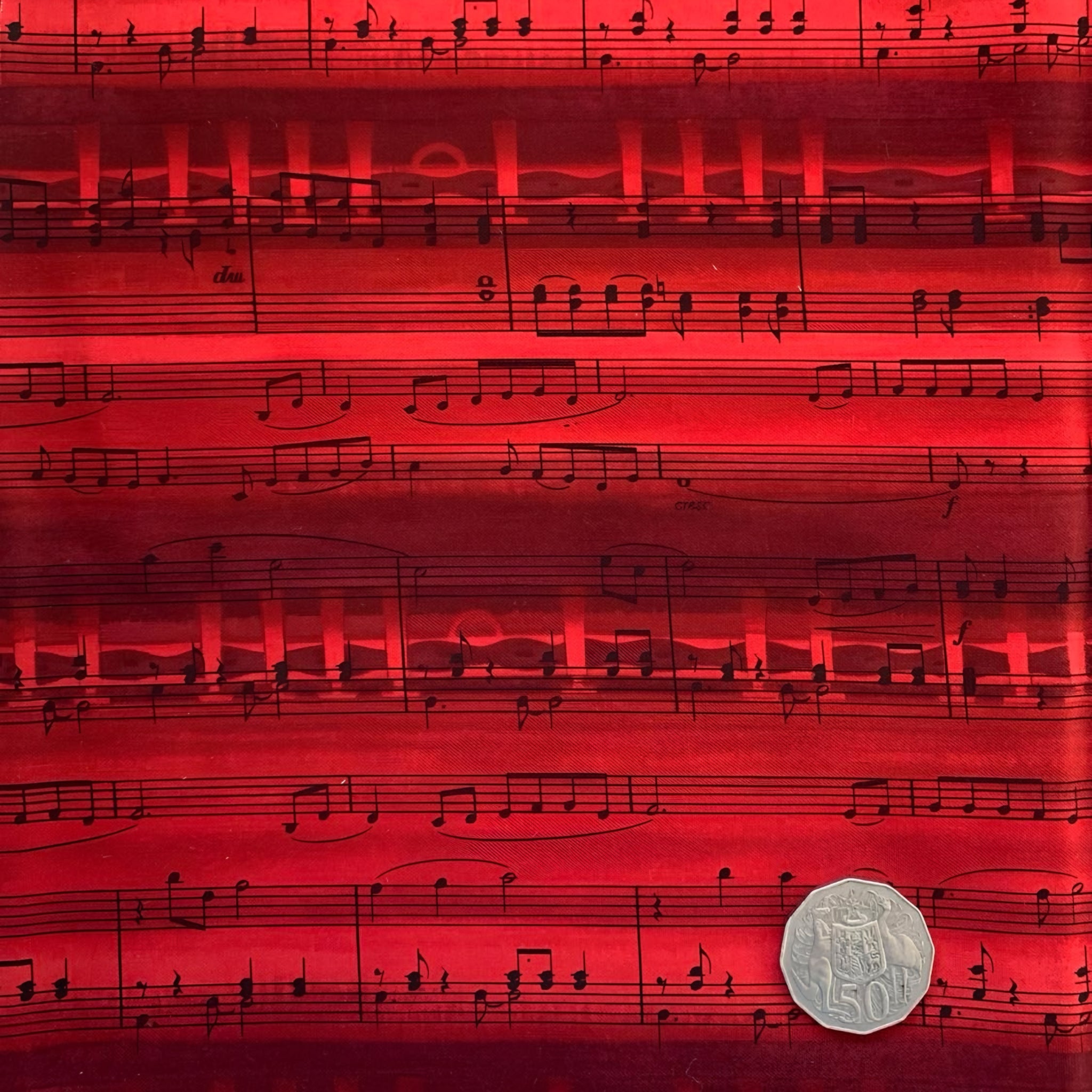 Screen printed vintage piano sheet music red novelty Kona cotton music fabric for music lovers quilts retro projects music teacher gifts and patchwork sewing