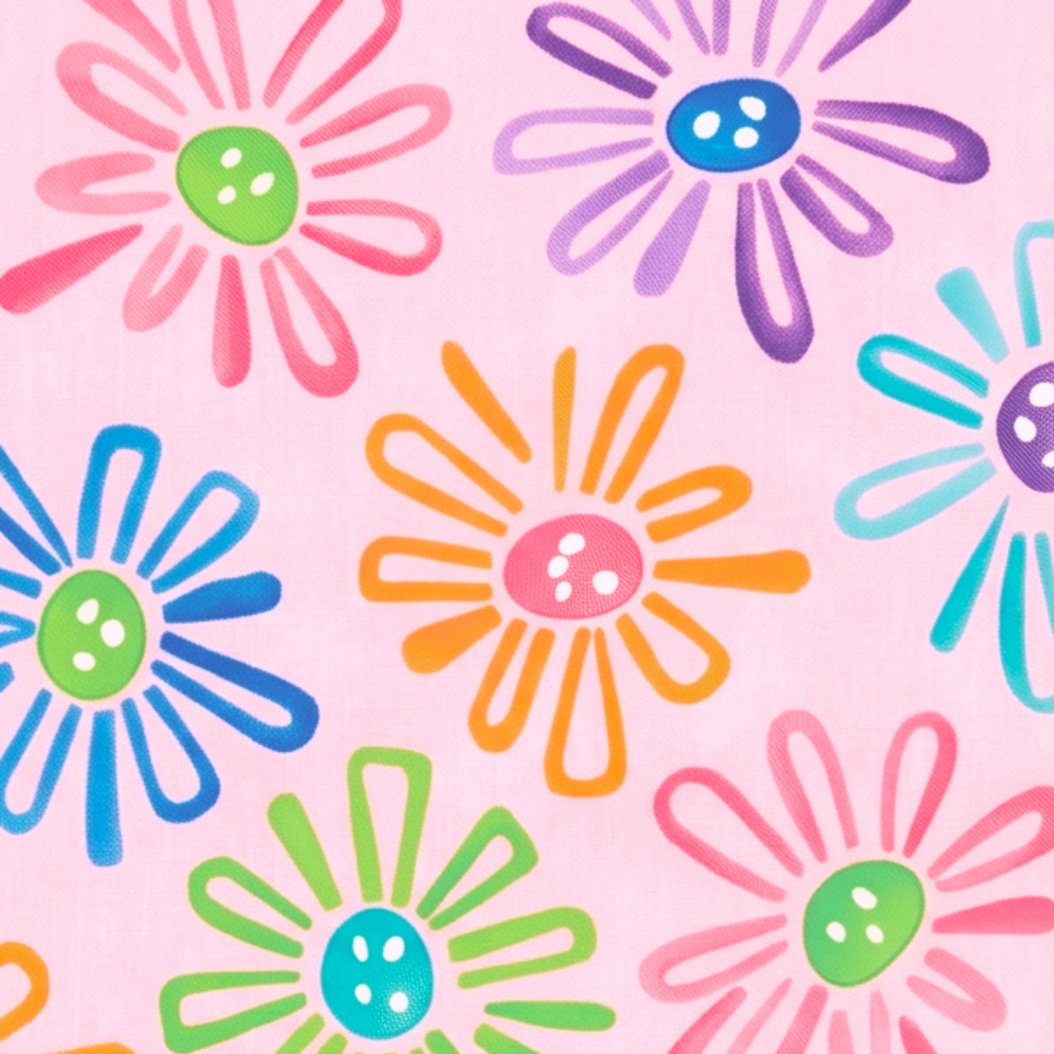 Multicolour novelty daisy flower print on pink quilting cotton fabric for children's quilts and bright patchwork projects