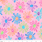 Multicolour novelty daisy flower print on pink quilting cotton fabric for children's quilts and bright patchwork projects