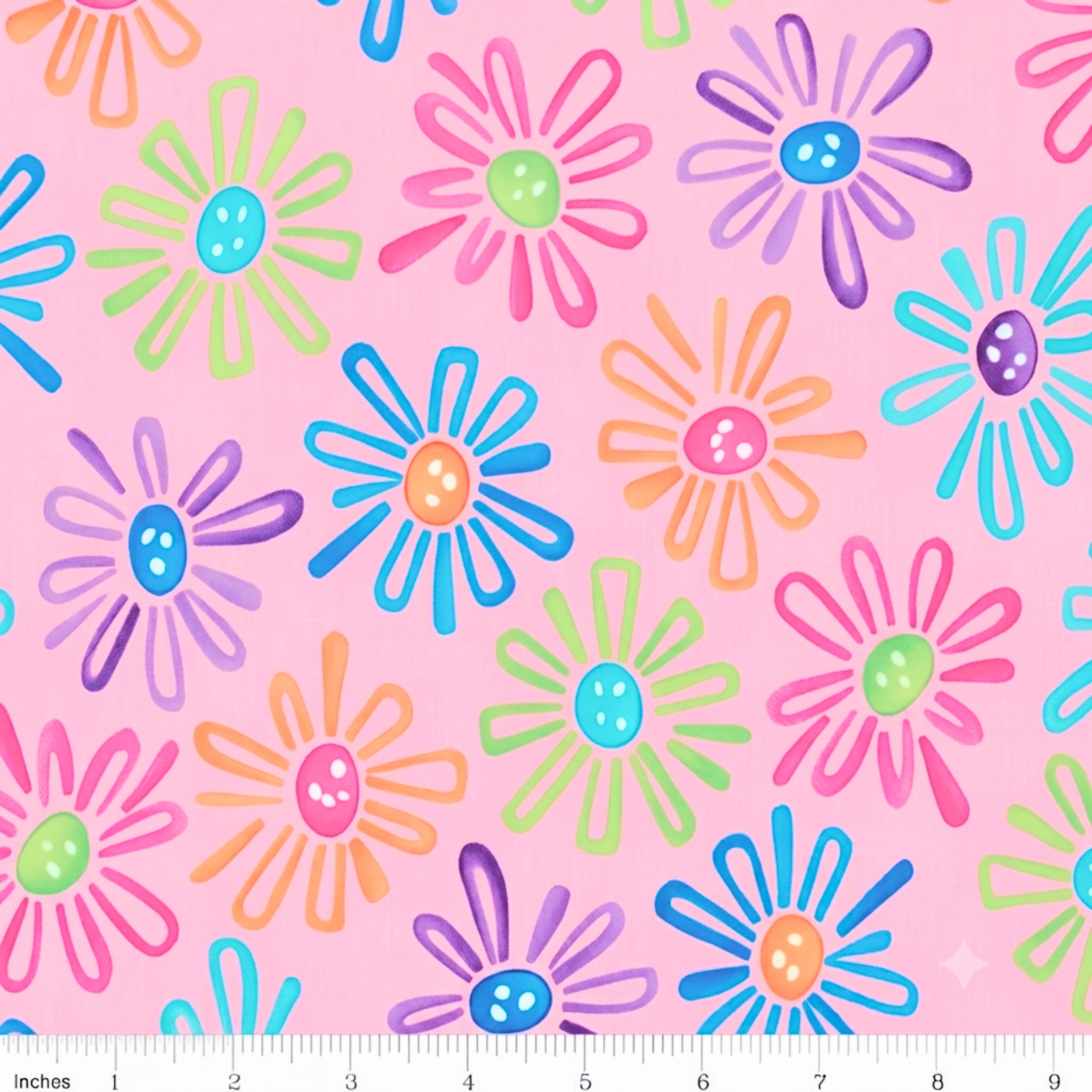 Multicolour novelty daisy flower print on pink quilting cotton fabric for children's quilts and bright patchwork projects