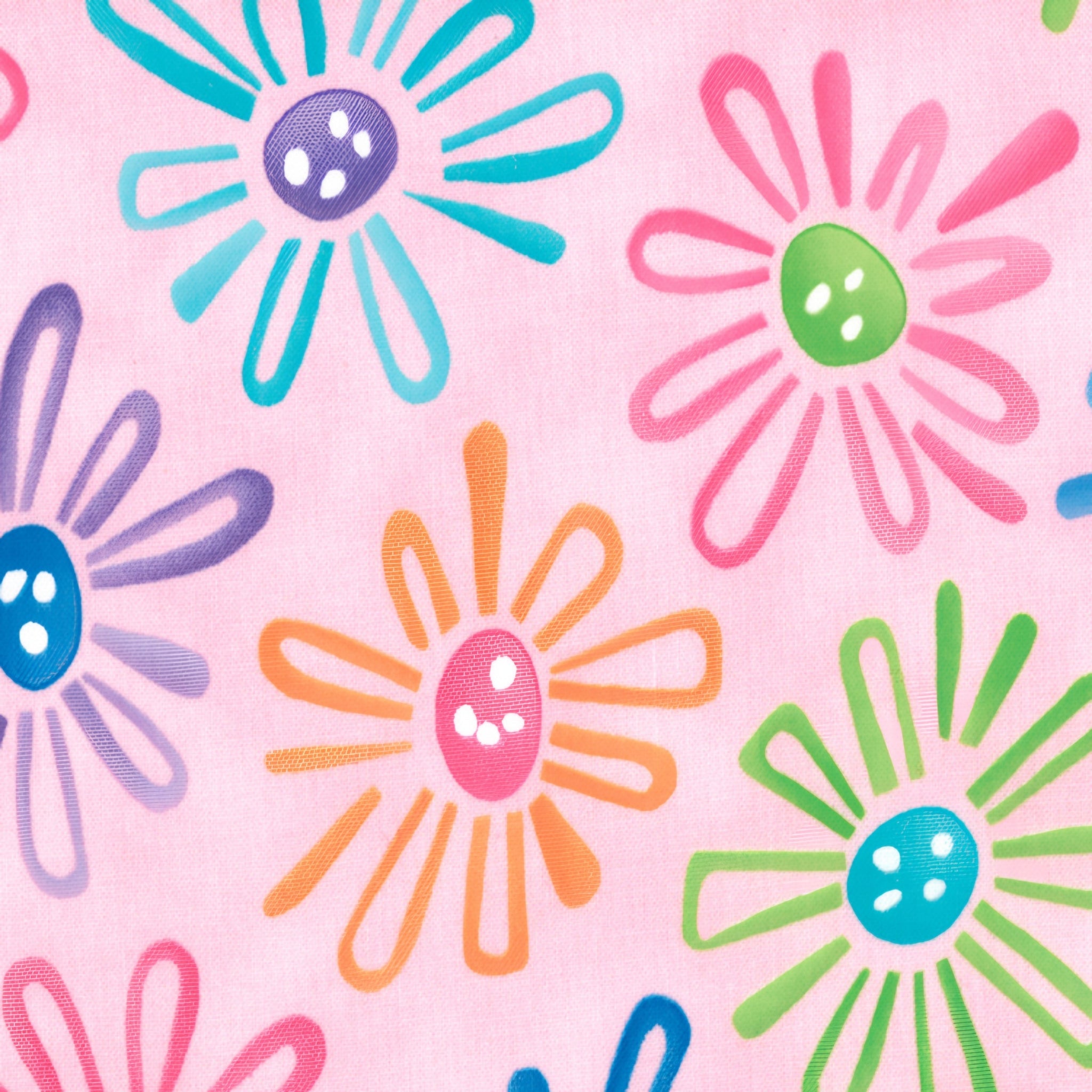 Multicolour novelty daisy flower print on pink quilting cotton fabric for children's quilts and bright patchwork projects
