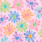Multicolour novelty daisy flower print on pink quilting cotton fabric for children's quilts and bright patchwork projects