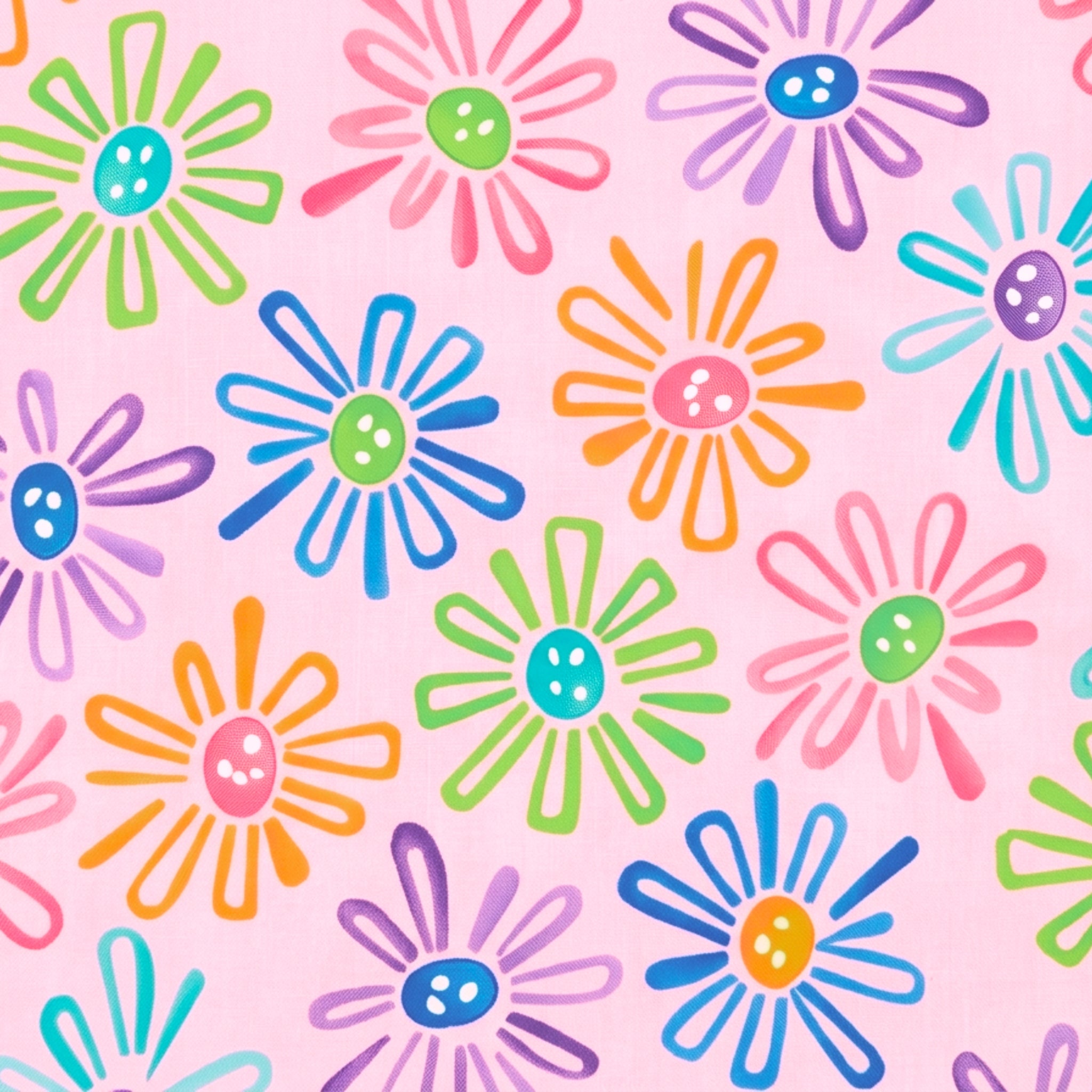 Multicolour novelty daisy flower print on pink quilting cotton fabric for children's quilts and bright patchwork projects