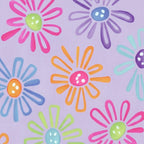 Multicolour novelty daisy flower print on lilac purple quilting cotton fabric for children's quilts and bright patchwork projects