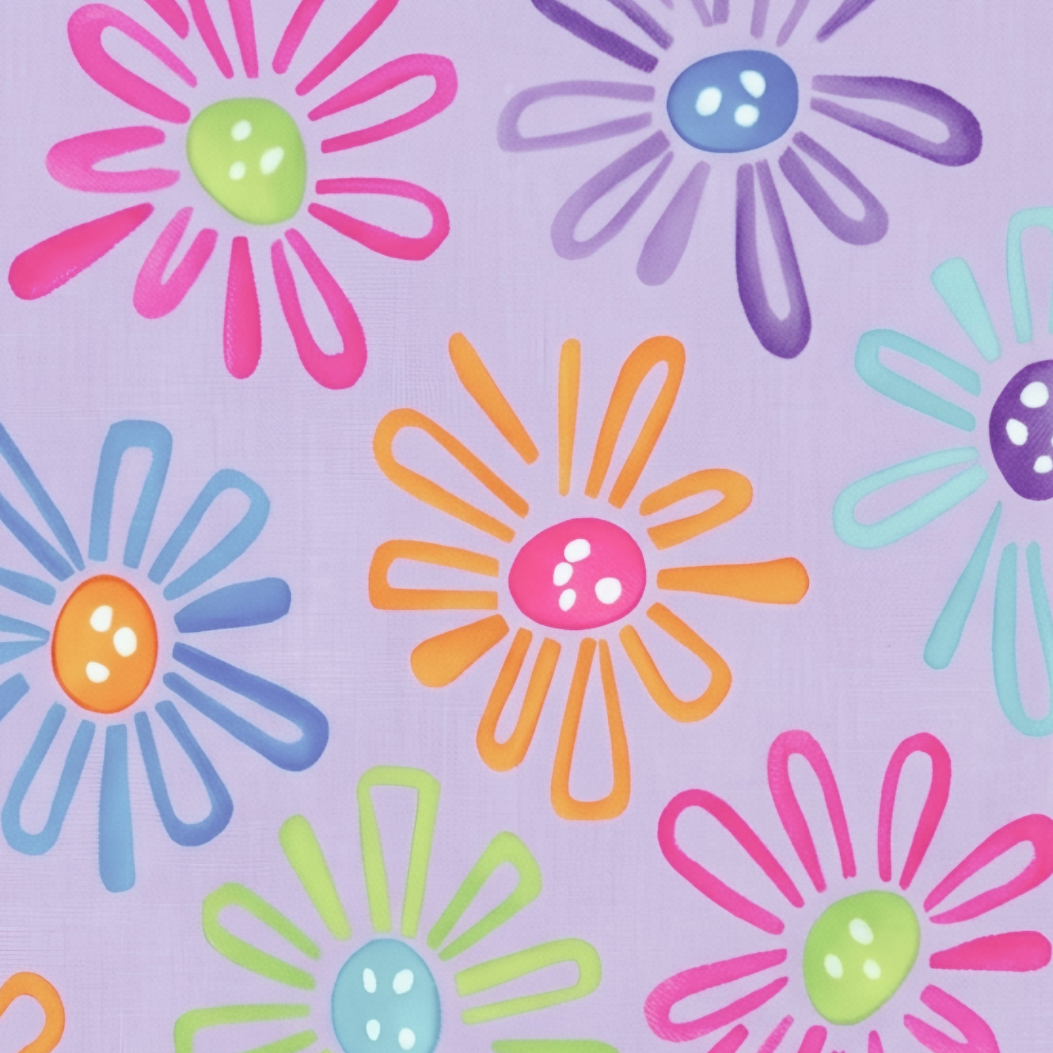 Multicolour novelty daisy flower print on lilac purple quilting cotton fabric for children's quilts and bright patchwork projects