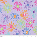 Multicolour novelty daisy flower print on lilac purple quilting cotton fabric for children's quilts and bright patchwork projects