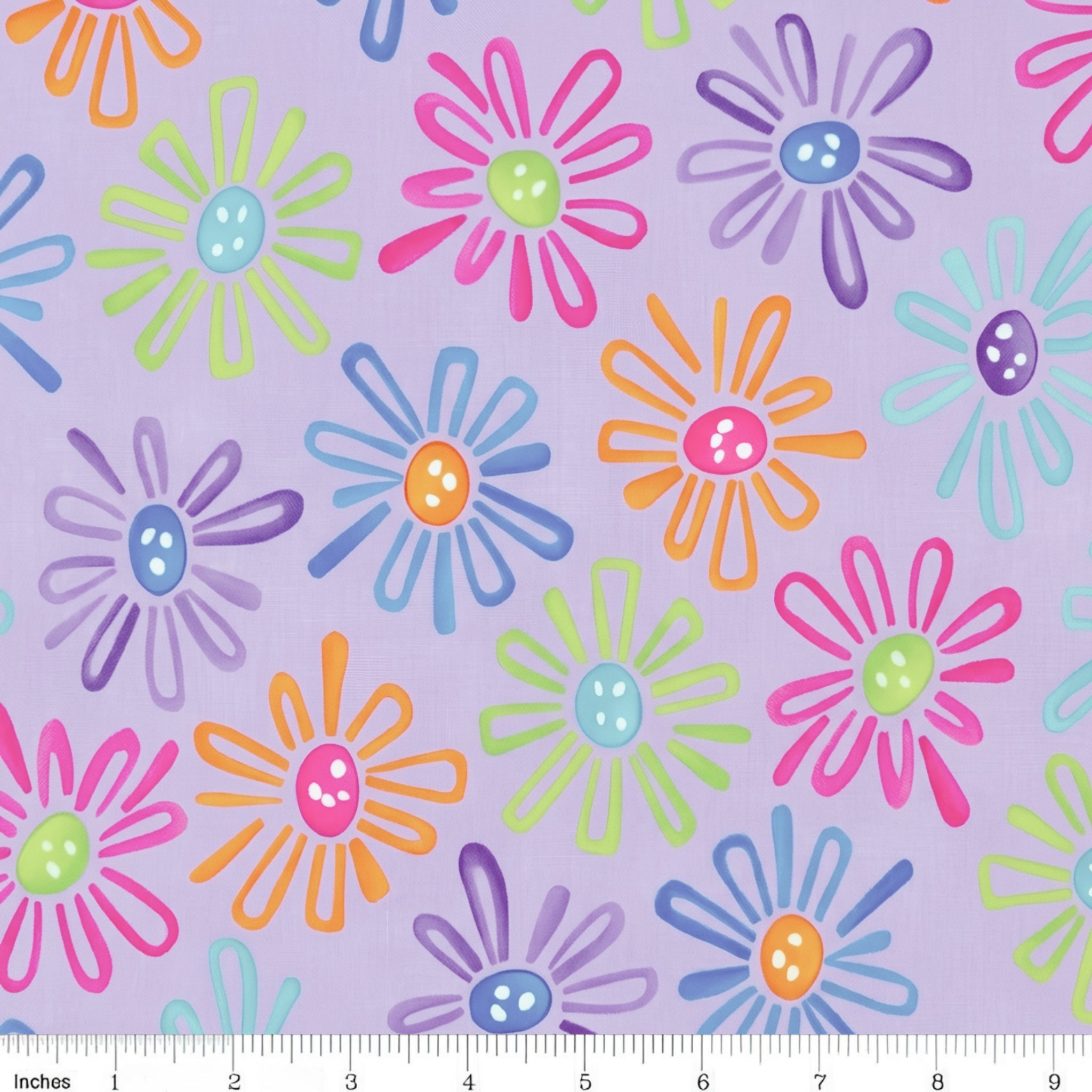 Multicolour novelty daisy flower print on lilac purple quilting cotton fabric for children's quilts and bright patchwork projects