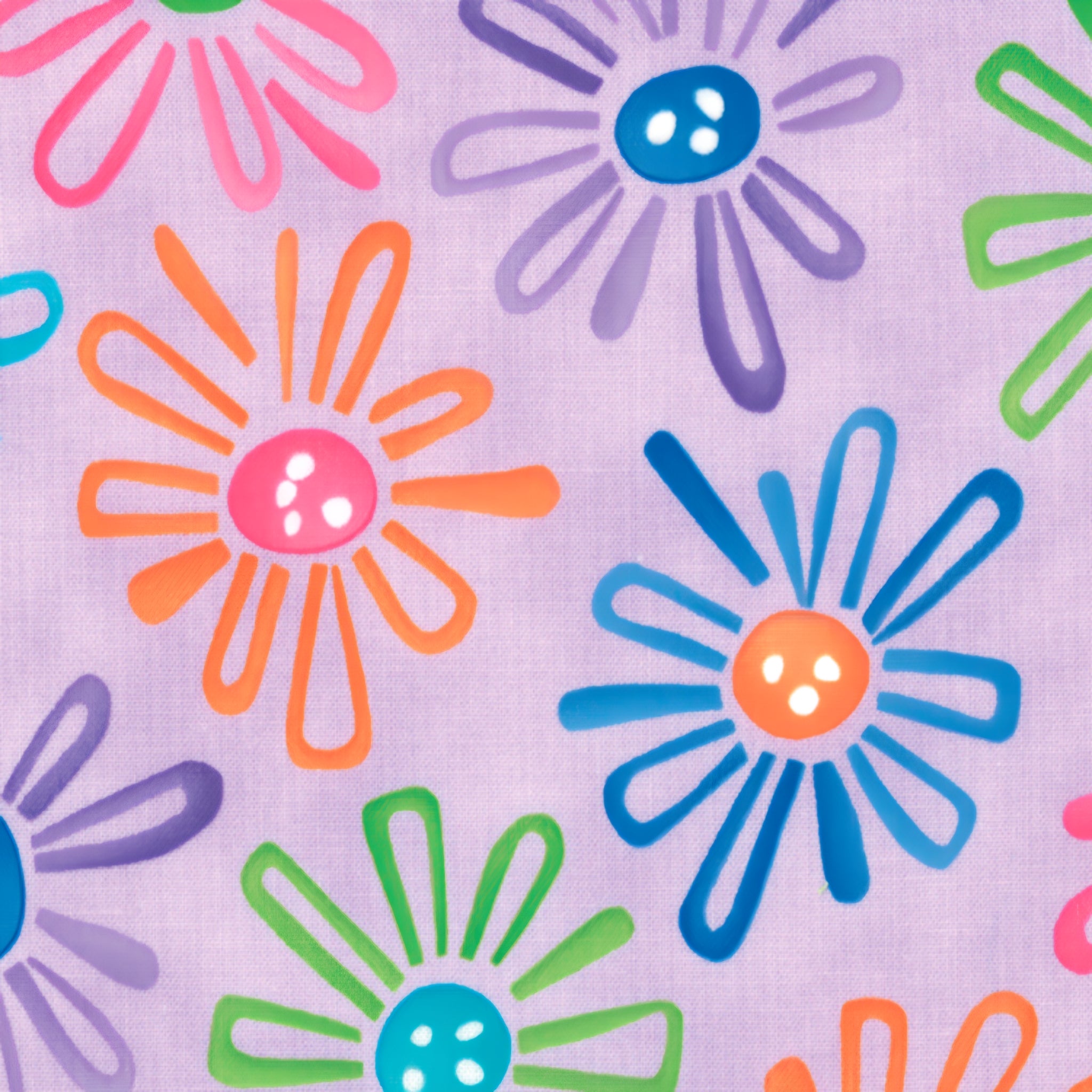 Multicolour novelty daisy flower print on lilac purple quilting cotton fabric for children's quilts and bright patchwork projects