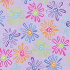 Multicolour novelty daisy flower print on lilac purple quilting cotton fabric for children's quilts and bright patchwork projects