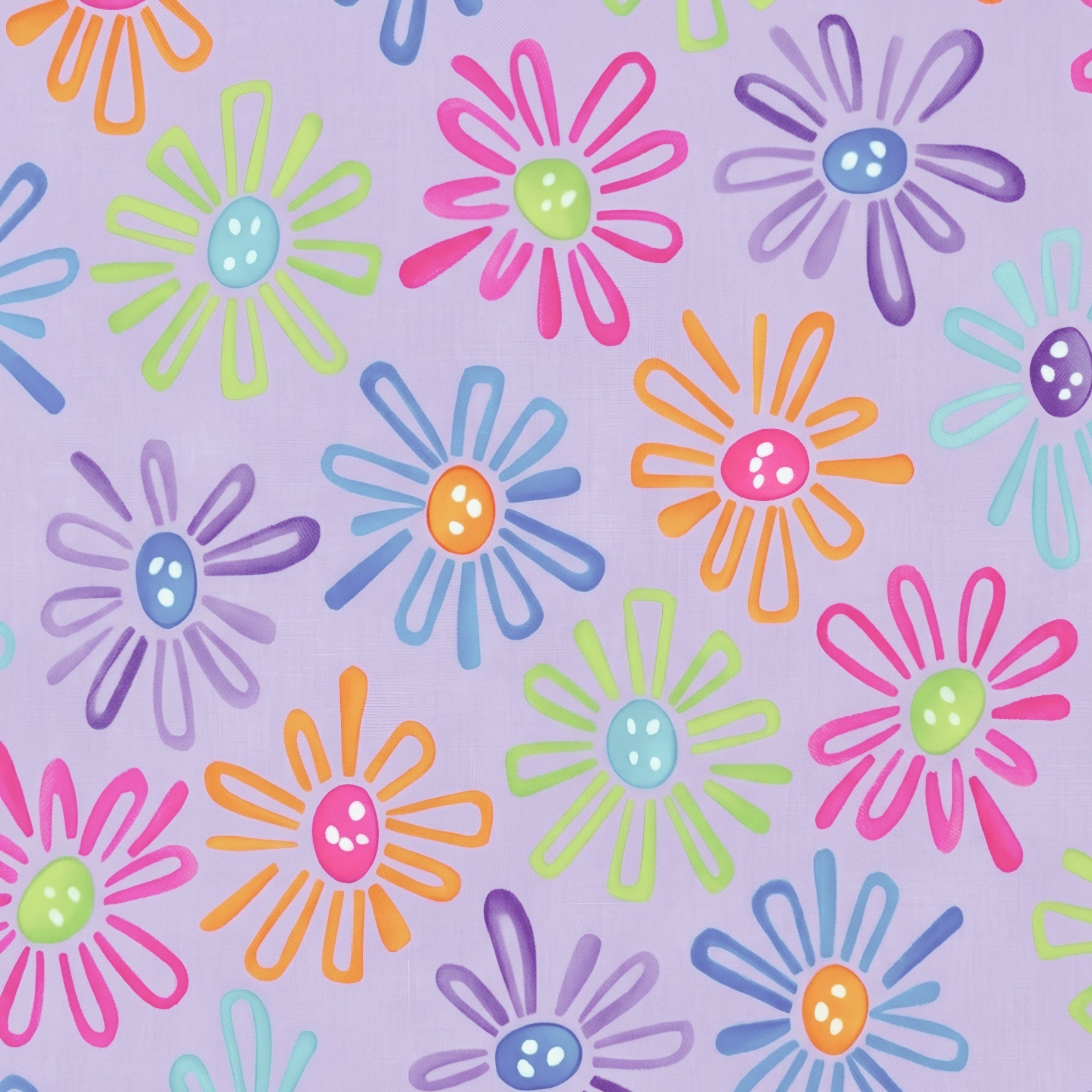 Multicolour novelty daisy flower print on lilac purple quilting cotton fabric for children's quilts and bright patchwork projects