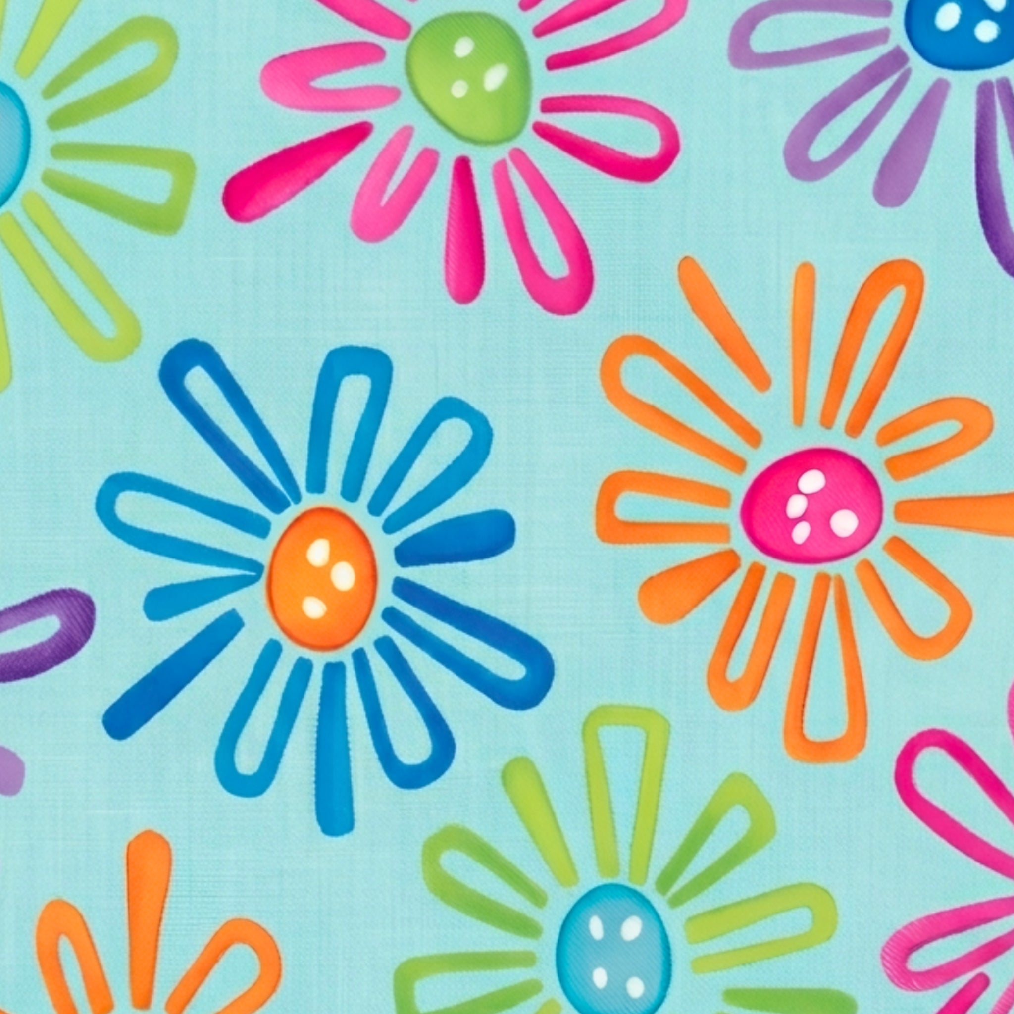 Multicolour novelty daisy flower print on turquoise quilting cotton fabric for children's quilts and bright patchwork projects