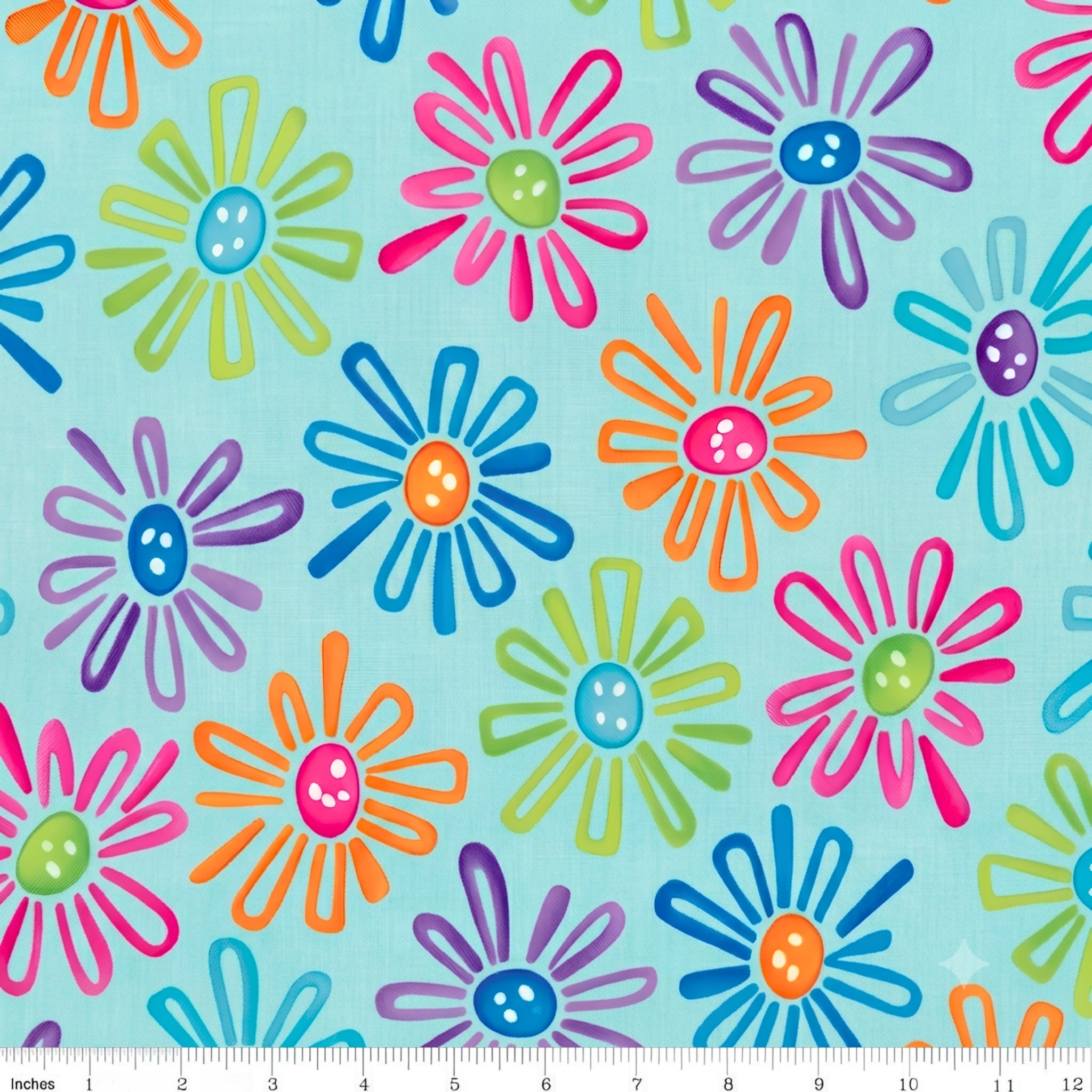 Multicolour novelty daisy flower print on turquoise quilting cotton fabric for children's quilts and bright patchwork projects