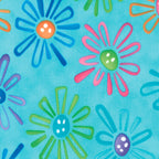Multicolour novelty daisy flower print on turquoise quilting cotton fabric for children's quilts and bright patchwork projects