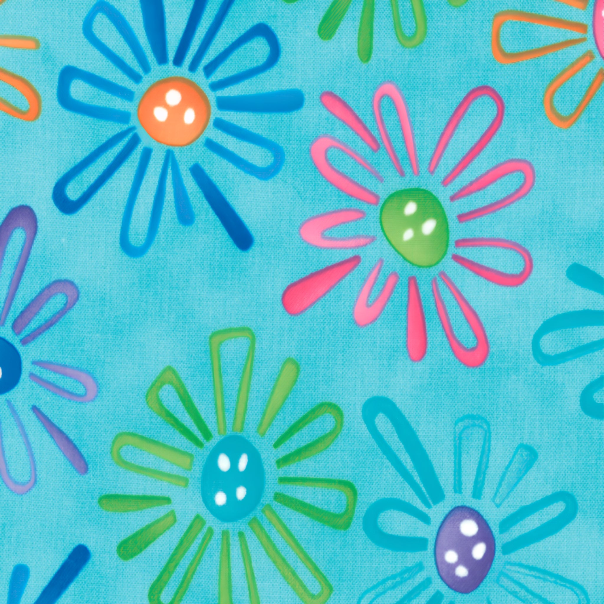 Multicolour novelty daisy flower print on turquoise quilting cotton fabric for children's quilts and bright patchwork projects