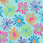 Multicolour novelty daisy flower print on turquoise quilting cotton fabric for children's quilts and bright patchwork projects