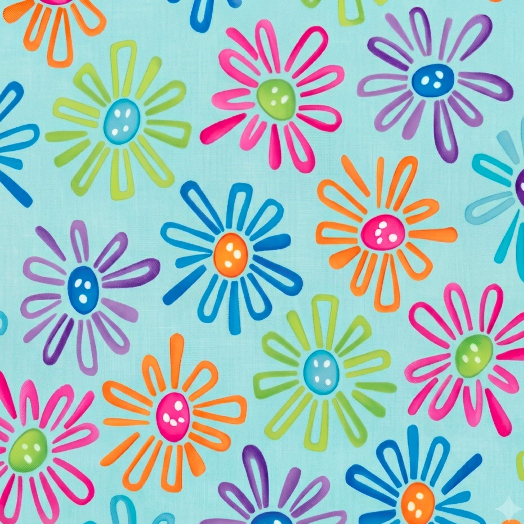 Multicolour novelty daisy flower print on turquoise quilting cotton fabric for children's quilts and bright patchwork projects