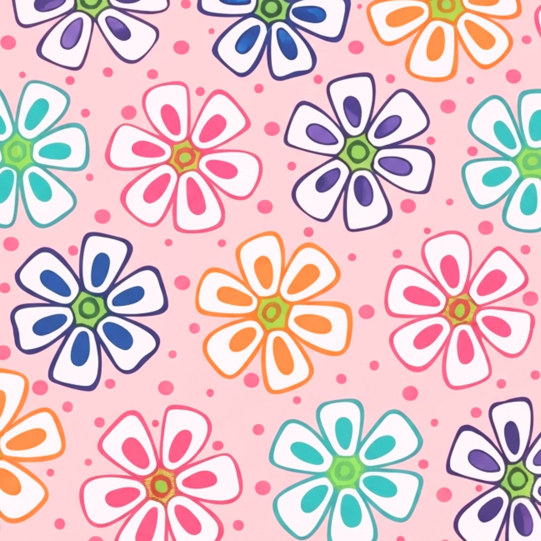 Novelty multicolour retro daisy flower print on pink quilting cotton for children's quilts girls and kids patchwork