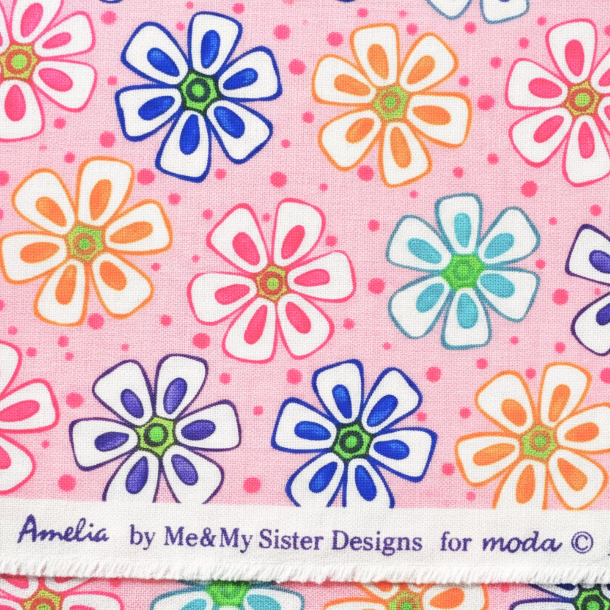 Novelty multicolour retro daisy flower print on pink quilting cotton for children's quilts girls and kids patchwork