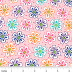 Novelty multicolour retro daisy flower print on pink quilting cotton for children's quilts girls and kids patchwork