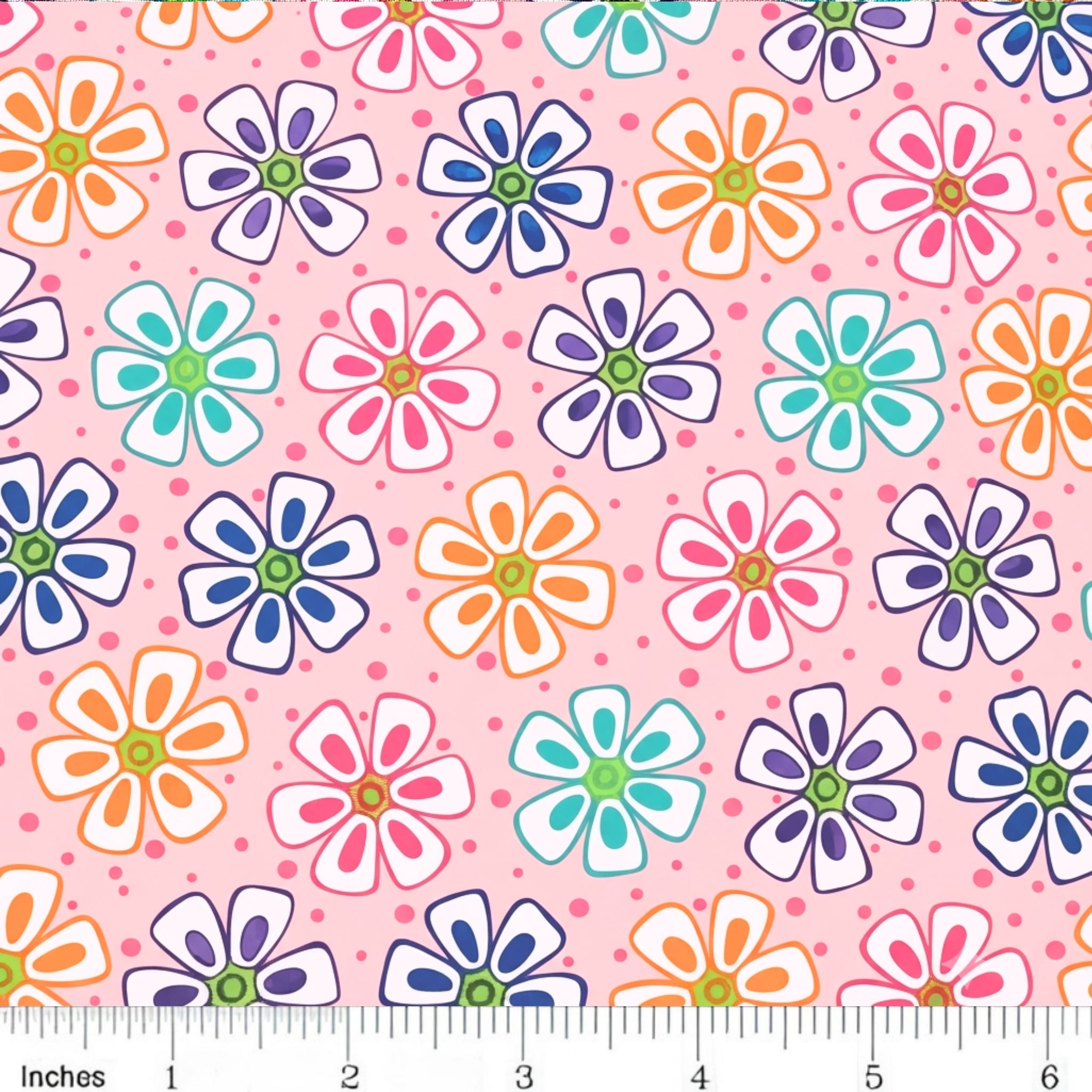 Novelty multicolour retro daisy flower print on pink quilting cotton for children's quilts girls and kids patchwork